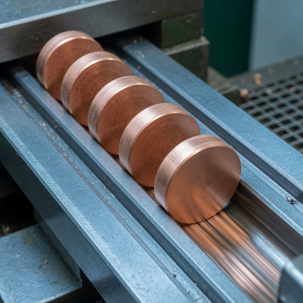 Copper blanks sliding along a mint roller